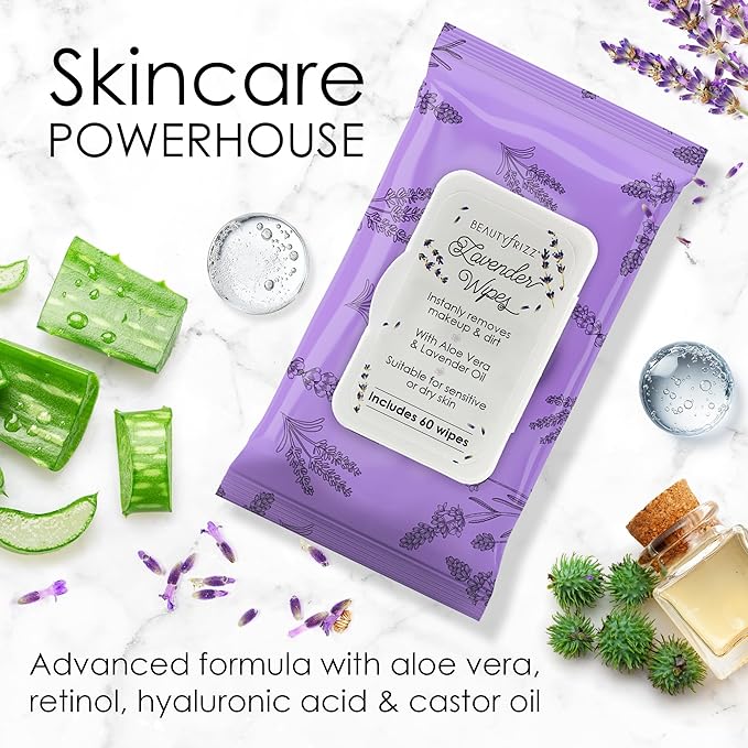 BeautyFrizz Lavender Face Wipes - 120 pcs - Gentle Makeup Remover Wipes for Women - Facial Cleansing Wipe with Aloe, Castor, Vitamin A and E - Extra Soft - Moisturizing