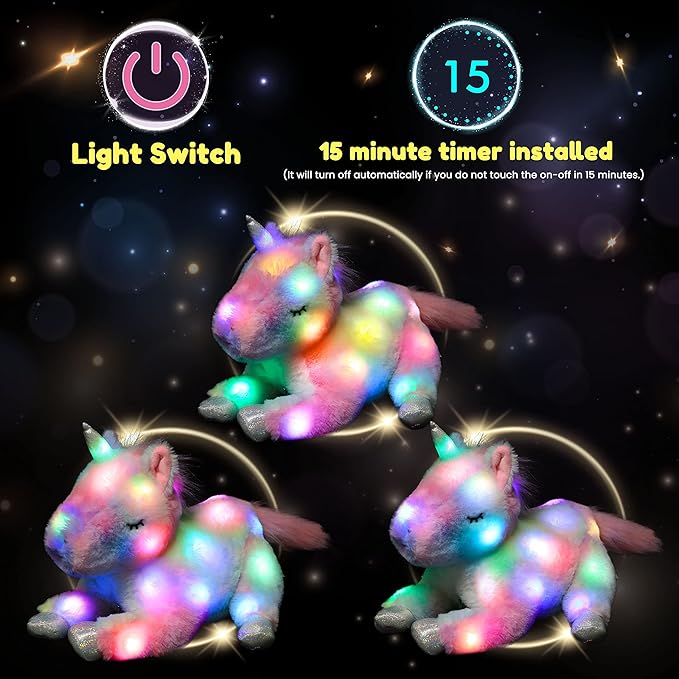 Hopearl LED Plush Unicorn Lighting Up Stuffed Mommy Unicorn with 3 Baby Unicorns in her Tummy Stuffed Animal Playset Night Lights Glow in The Dark for Mom Toddler Girls, Rainbow, 19''
