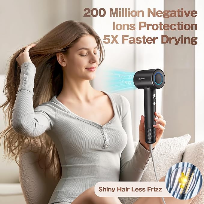 Hair Dryer, High-Speed Ionic Low Noise Blow Dryer with Brushless Motor for Fast Drying, Thermo-Control Quiet Compact Hair Blow Dryer, Hairdryer with 1 Nozzle Attachments for Home Salon Travel