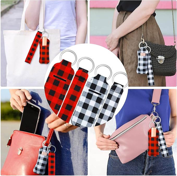 Patelai 20 Pcs Christmas Lipstick Holder Keychains Set Include 10 Buffalo Plaid Lipstick Lip Balm Holder Keychains Bulk10 Wristlet Lanyards for Purse Backpack Christmas Gift