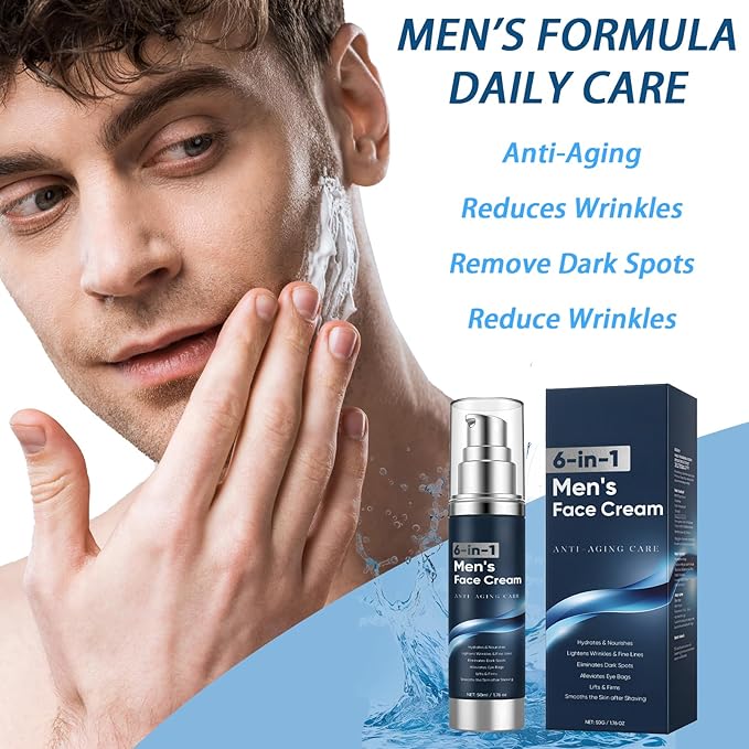 6-in-1 Face Cream for Men, Anti-Aging Moisturizer with Collagen, Hyaluronic Acid and Shea Butter, Reduces Wrinkles, Dark Circles and Puffiness, Men's Formula Daily Care 1.76 fl oz (1)