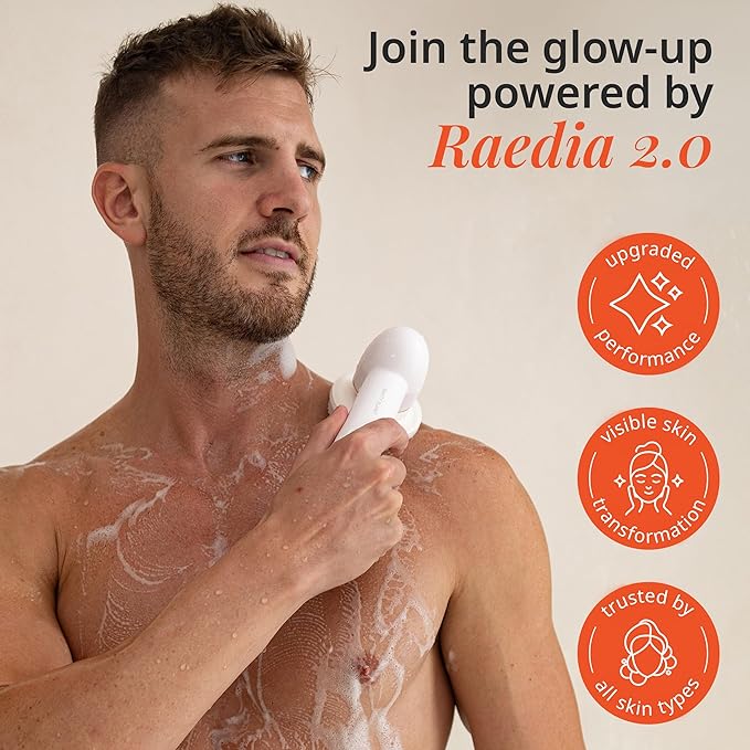 Vanity Planet Raedia 2.0 Facial Cleansing Brush, 4 Interchangeable Brush Heads, White - Daily Cleansing Face Exfoliator for Glowing & Acne Prone Skin - Lightweight Silicone Water-Resistant Body Brush