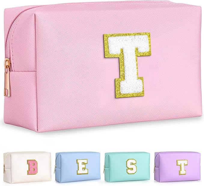 TOPEAST Dorm Room Essentials for Girls - Pink Initial Makeup Bag, College Essentials PU Leather Bag | Travel Car Essentials | Cute Stuff Birthday Gift for Friends Sister (Pink T)