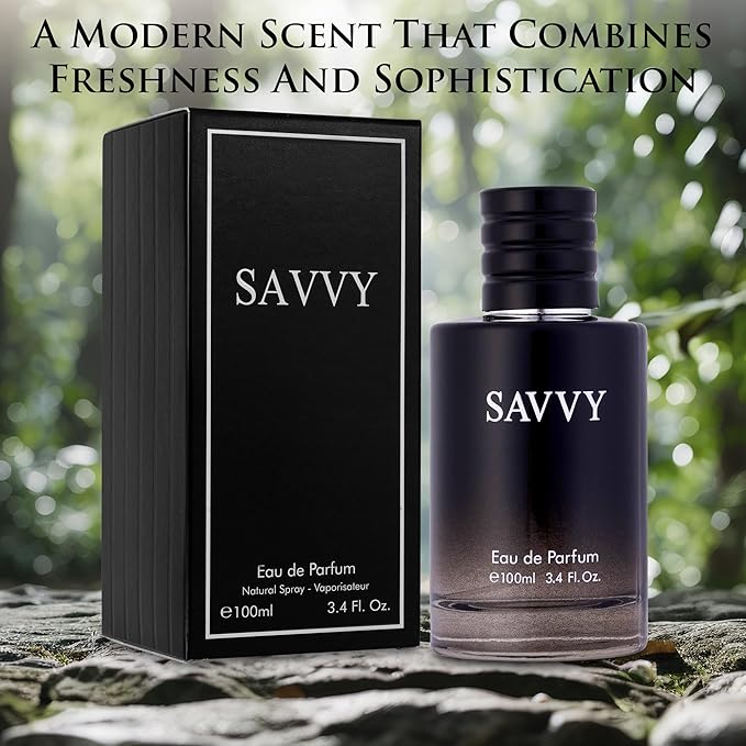 Savvy for Men Eau De Parfum - Sophisticated Male Fragrance Composition of bergamot, Pepper, Lavender, Star Anise & Nutmeg - Base of Peppery & Vanilla - Go-To Daily Scent - Elegant 100ml Bottle