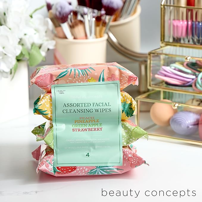 Beauty Concepts Facial Wipe Set - Packs of Face Wipes, Makeup Removing Wipes, Peach, Pineapple, Green Apple, Strawberry
