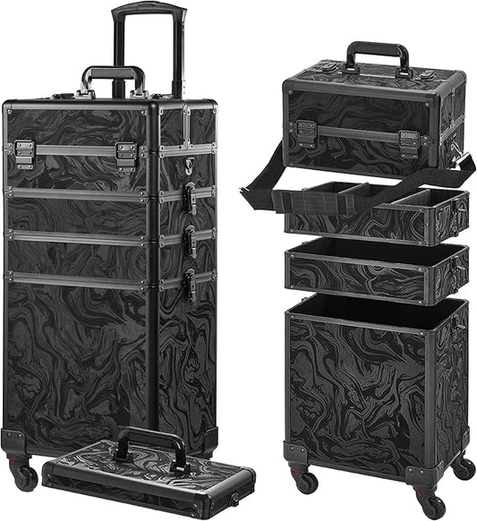 Rolling Makeup Case, Makeup Train Case with Lid, 5 in 1 Cosmetology Case on Wheels, Christmas Gift, Large Makeup Organizers, Profesional Cosmetic Case for Salon Barber, Pattern Black
