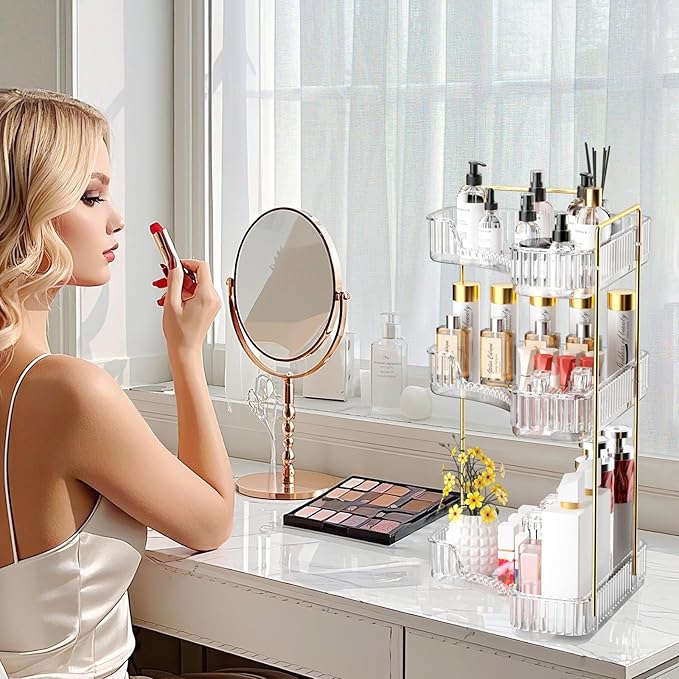 GTI 3-Tier Corner Bathroom Counter Organizer, Large Capacity Makeup Organizer Countertop, Perfume Cosmetics Skincare Vanity Organizers, Exquisite Countertop Storage for Women (Clear)