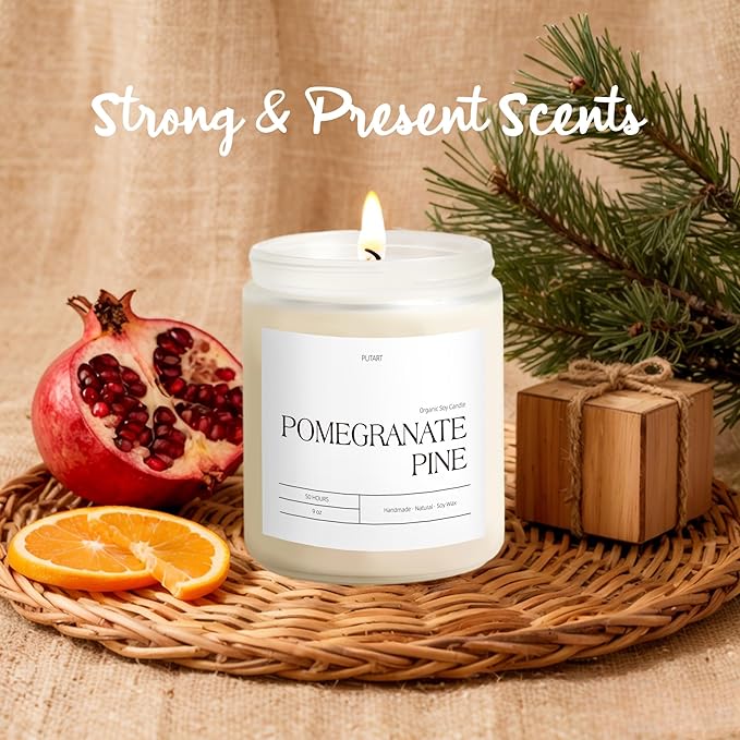 Pomegranate Pine Candles for Home Scented, 9oz Natural Soy Aromatherapy Non Toxic Candles with Essential Oil, Home Fragrance Stress Relief & Meditation Jar Candles Gifts for Women & Men