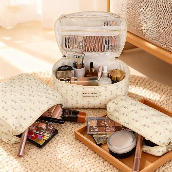 Quilted Makeup Bag, Large Floral Cosmetic Bag for Women, Cute Cotton Makeup Bag, Flower Travel Toiletry Organizer Bag (Flower)