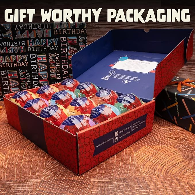 Superhero Boys Bath Bombs with Surprise Hero Toys Inside (12 Pack) - Large Bubble Bomb, Fruity Scents, Relaxing Aromas - Ideal Birthday Gift for Kids by Two Sisters