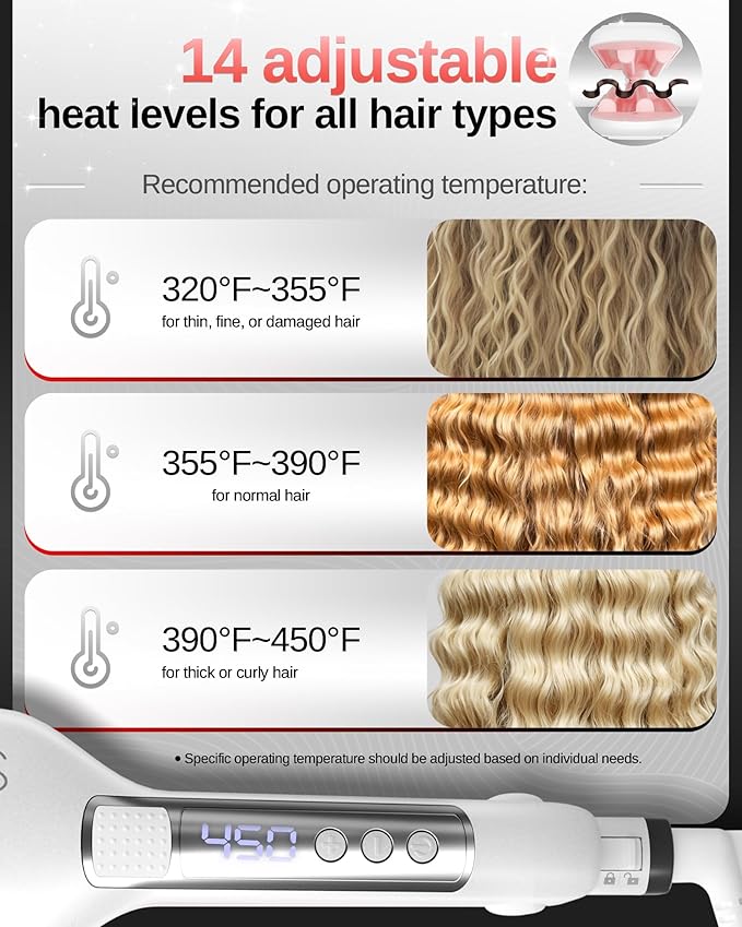 NOVUS Hair Crimper Waves and 4-Barrel Wave Curling Iron, Shallow Wave Hair Curlers Hot Tool with Ceramic, 0.6 Inch Beach Waves Curling Wand, Hair-Type Adjustable Heat