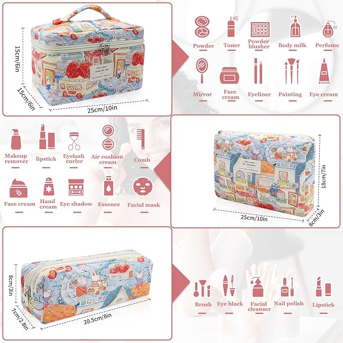 3pc Makeup Bag Set, Quilted Makeup Bag Set, Large Floral Cosmetic Bag for Women, Cute Cotton Makeup Bags, Flower Travel Toiletry Organizer Bag (Rabbit Print)