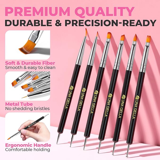 UNA GELLA Nail Art Brushes Set 6PCS Black Color Double-ended Acrylic Nail Design Brush Set Nail Dotting Tools Nail Art Gel Polish Liner Brushes for Gel Polish Painting DIY Nail Salon