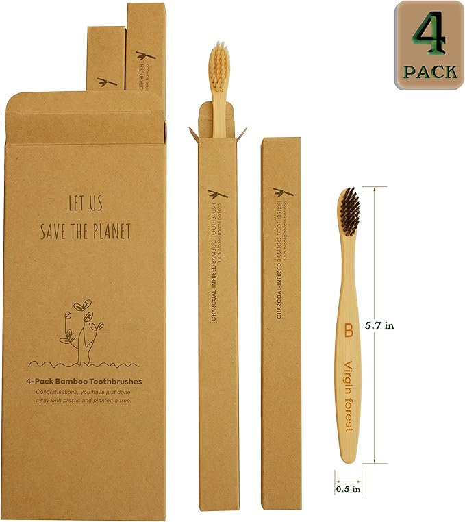Virgin Forest Kids Bamboo Toothbrushes, Biodegradable Handle, BPA-Free Soft Bristles, Children Size Set of 4 (4 Colors)