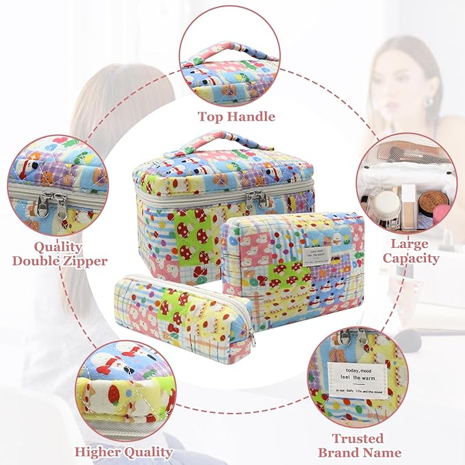 3pc Makeup Bag Set, Quilted Makeup Bag Set, Large Floral Cosmetic Bag for Women, Cute Cotton Makeup Bags, Flower Travel Toiletry Organizer Bag (Cartoon Park Print)