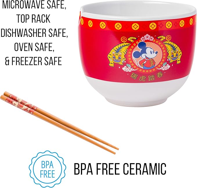 Silver Buffalo Disney Mickey Mouse Lunar Chinese New Year Tiger Ceramic Ramen Noodle Rice Bowl with Chopsticks, Microwave Safe, 20 Ounces