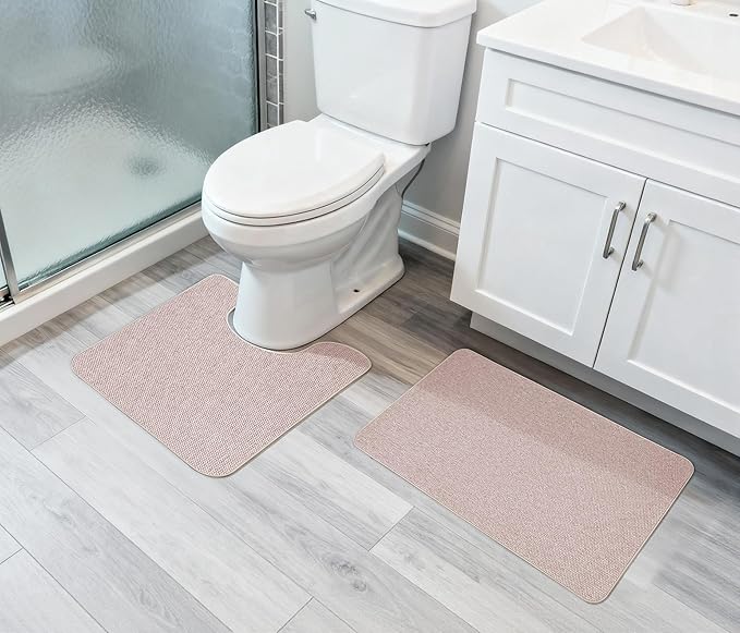 Bathroom Rugs Set 2 Pieces,Thin Bathroom Mats,Toilet Rugs,Quick Dry,Non-Slip,Machine Washable,Low Pile,Absorbent Bath Mats,Shower,Sink,Home Decor Accessories.Beige,1'5"x2'3"+1'8"x2" U Shape