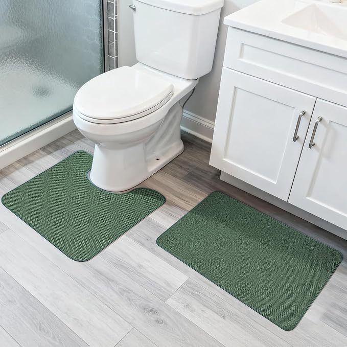 Bathroom Rugs Set 2 Pieces,Thin Bathroom Mats,Toilet Rugs,Quick Dry,Non-Slip,Machine Washable,Low Pile,Absorbent Bath Mats,Shower,Sink,Home Decor Accessories.Green,1'5"x2'3"+1'8"x2" U Shape