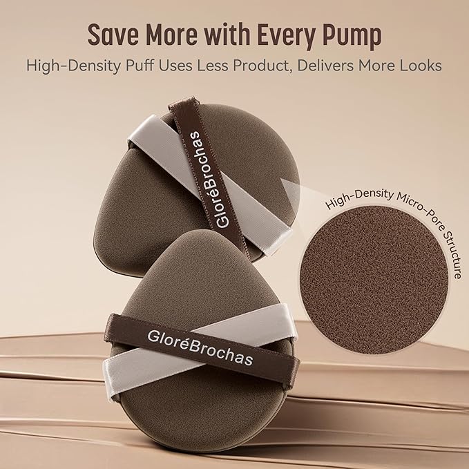 Makeup Sponge Set, GloréBrochas 2PCS Micro Porous Low Absorption Foundation Sponges, Latex-Free PU Makeup Puff, 3.2inches Soft Dual-Sided Powder Puff for Face Powder, Brown