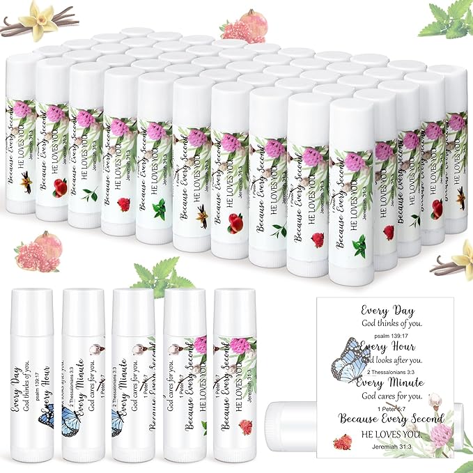 50 Pcs Christmas Christian Lip Balm Bulk Bible Verses Lip Balm Scripture Christian Gifts for Women Faith Religious Church Party Favor Inspirational Gift for Coworker Staff Employee(Floral)