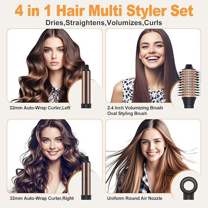 Hair Styler Hair Dryer Brush - 110,000 RPM High-Speed Hot Air Styler,Multi Stylers with Auto-Wrap Curler, Professional Blow Dryer Brush for Fast Curling Volumizing Straightening Styling(Black-Golden)