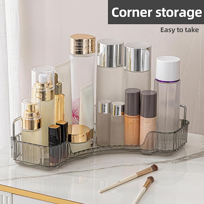 YCIA&DONE Corner Bathroom Counter Organizer, Makeup Organizer for Vanity, Skincare Cosmetic Perfume Tray, Corner Countertop Shelf Rack Storage for Bathroom Kitchen 1 Tier (Smoky Gray)