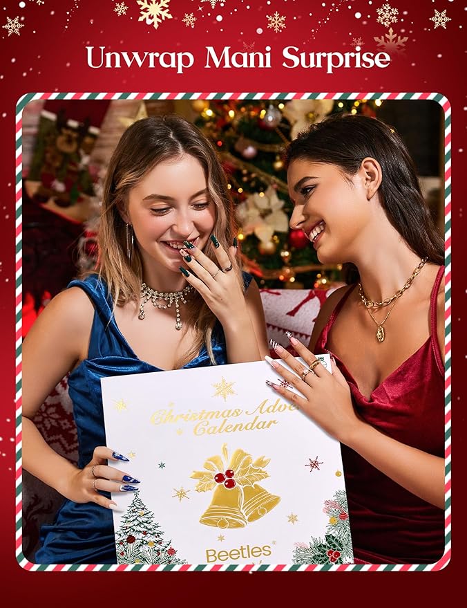 beetles Gel Polish Merry Glitzmas 2025 Christmas Advent Calendar – 24 Days Christmas Countdown Nail Art Set with Mini LED Nail Lamp Base Top Coat and Festive Holiday Surprises Gifts for Women Girls