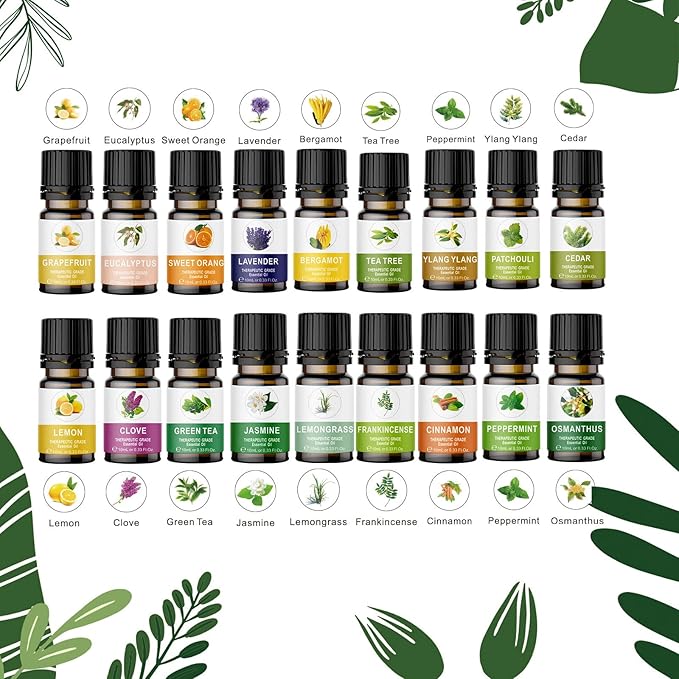 Essential Oils Set for Diffuser, Aromatherapy Oils 20 * 10 ml, 100% Organic Fragrance Oil Kit for Humidifier, Skin Care, Candle Making, Peppermint, Lavender, Eucalyptus, Jasmine, Ylang Ylang & More