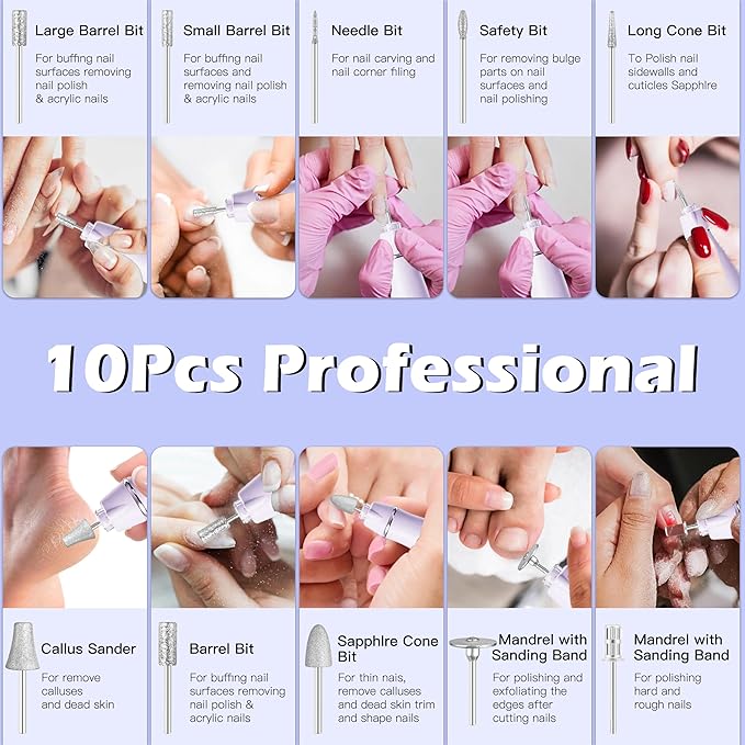 Professional Manicure Pedicure Kit Electric Nail Grinder,10 Speeds Cordless Nail Drill with LED Light, Nail File with LED Display,Wider Grinder for Toenail Hand Feet Care for Women Men