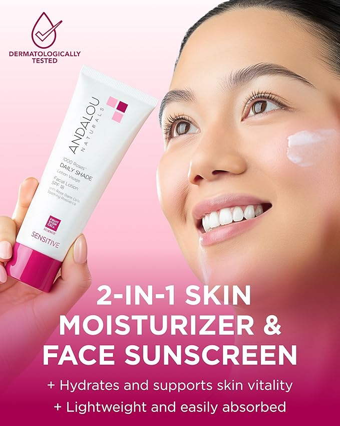 Andalou Naturals 1000 Roses Daily Shade Facial Lotion SPF 18 - 2-in-1 Skin Moisturizer & Face Sunscreen - Ultra Sheer & Hypoallergenic Skincare for Sensitive Skin - With Aloe Vera - 2.7 fl oz