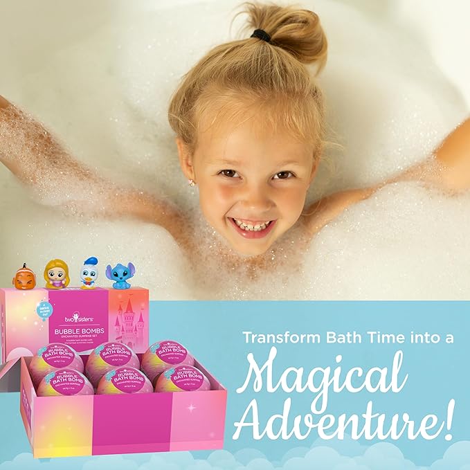 Princess Bath Bombs for Girls with Surprise Toys Inside (6 Pack) – Large Fizzy Bubble Bath Bomb for Kids - Princess, Mermaid, Fairytale Bath Toys – Fruity Scent, Skin-Safe, Made in USA by Two Sisters