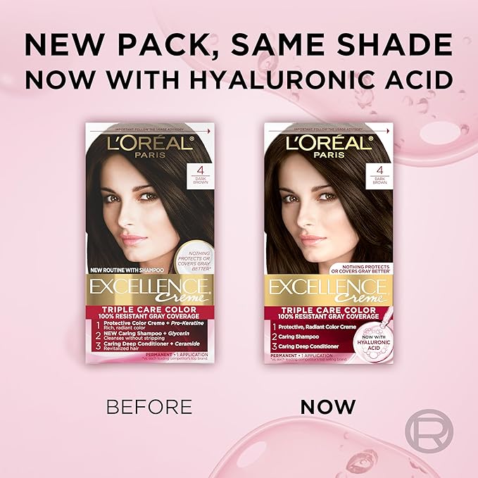 L'Oreal Paris Excellence Crème Permanent Hair Dye, Triple Care Hair Color with Pro-Keratine Complex for 100% Gray Hair Coverage, 4 Dark Brown, 1 Kit