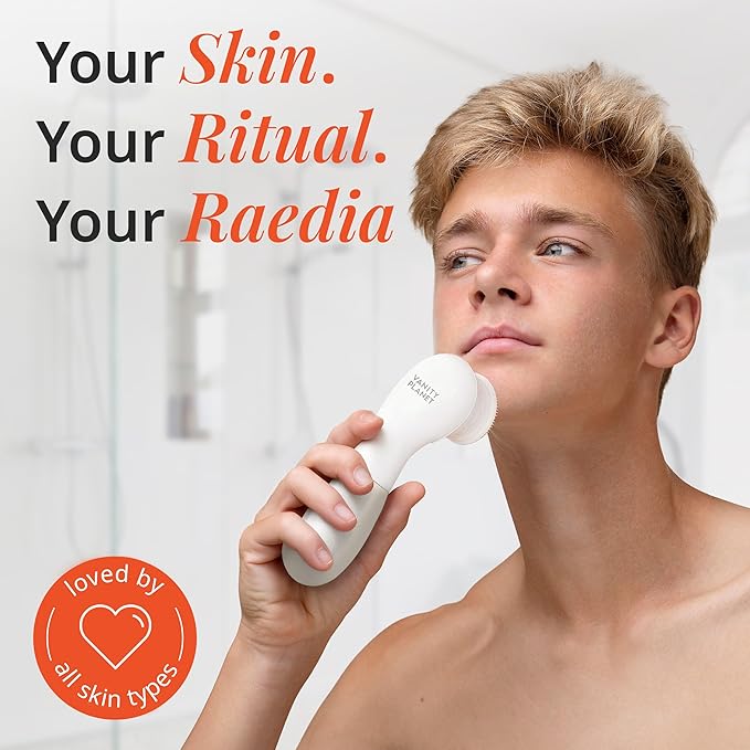 Raedia Handheld Facial Cleansing Brush with 4 Interchangeable Brush Heads by Vanity Planet - Lightweight Daily Cleansing Brush for Glowing Skin - Water Resistant Face Exfoliator - Warm Grey