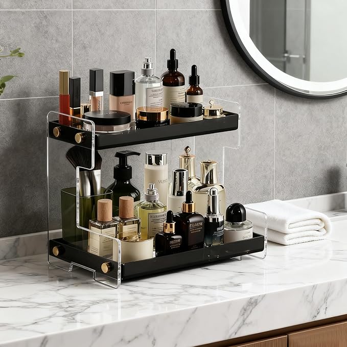 NEWRAIN 2-Tier Bathroom Organizer Countertop for Cosmetics, Makeup, Vanity Holder for Lipstick, Black Cabinet Storage