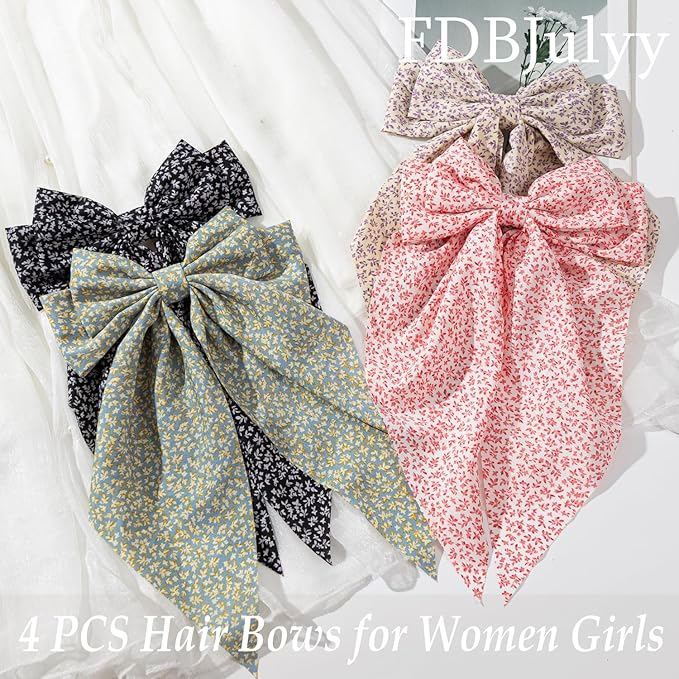 4 PCS Premium Hair Bows Claw Clips for Women & Girls in Black - Satin Non-Slip Bow-knot Hair Clips for Thick or Thin Hair, Big Bows