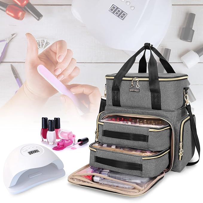BAFASO Double Layer Nail Polish Organizer Holds 70 Bottles (15ml - 0.5 fl.oz) and a Nail Dryer, Nail Polish Case with 2 Removable Pouches and Tools Storage Sections (Patented), Gray