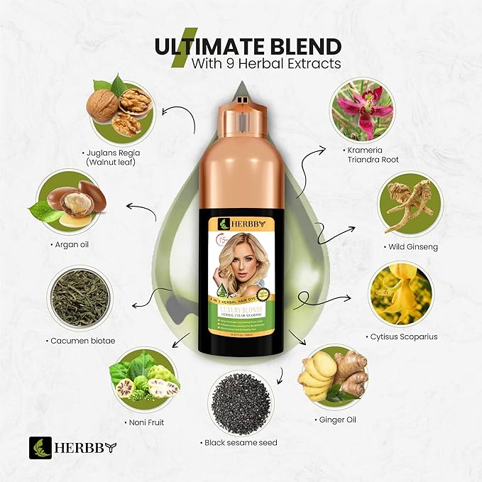 HERBBY Hair Color Shampoo for Gray Hair Coverage&Color Transform with 9 Herbal Extracts –Long Lasting(6-8 Weeks),Shiny,Evenly Colored,Instant Hair Dye Shampoo&Conditioner,500 Ml (LUXURY BLONDE COLOR)