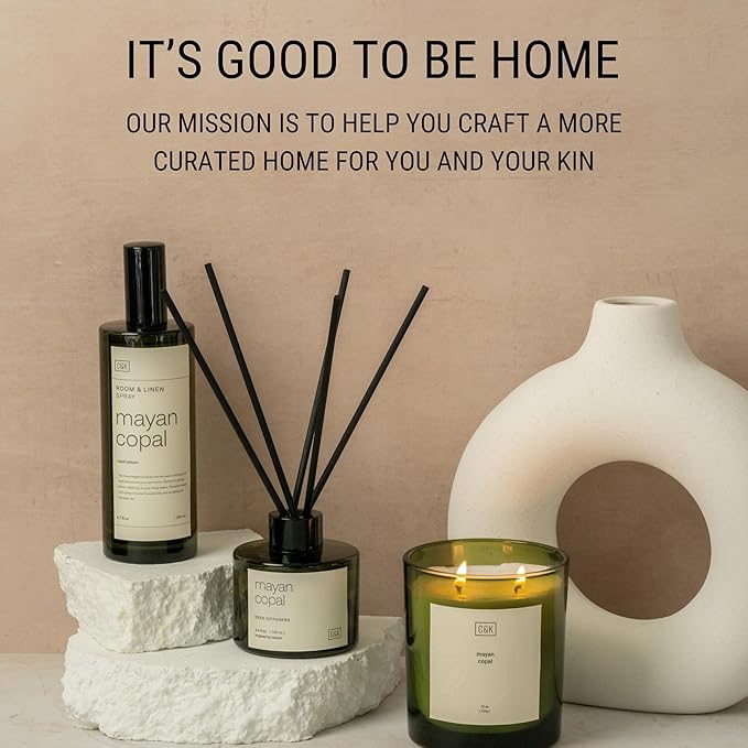 Craft & Kin Mayan Copal Christmas Reed Diffuser | All Natural Essential Oil & Rattan Scent Sticks | Winter Reed Diffusers for Home, Bathroom | Long Lasting Home Fragrance in Green Glass, 3.4oz