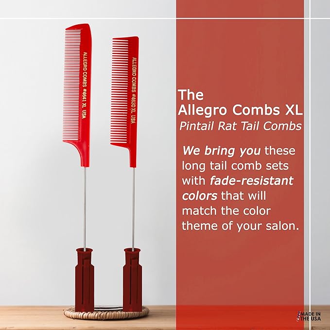 Allegro XL Rat Tail & Pin Combs - Metal Tail Foiling Combs for Stitch Braids - 2 Pc. (Red)