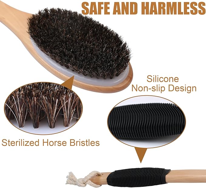 OWIIZI Horsehair Bath Brush Wooden Curved Long Handle Antiskid Shower Brush for Exfoliating, Natural Mane Scrubber for Back Use Wet or Dry,Back Scrub Deep Cleanse-17.2inches