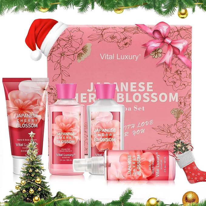 Bath and Body Care Gift Set for Women and Girls, Personal Self-Body Care Travel Set, Japanese Cherry Blossom Spa Home Set with Natural Extracts, 4 Pack - Shower Gel, Body Lotion, Body Mist, Hand Cream