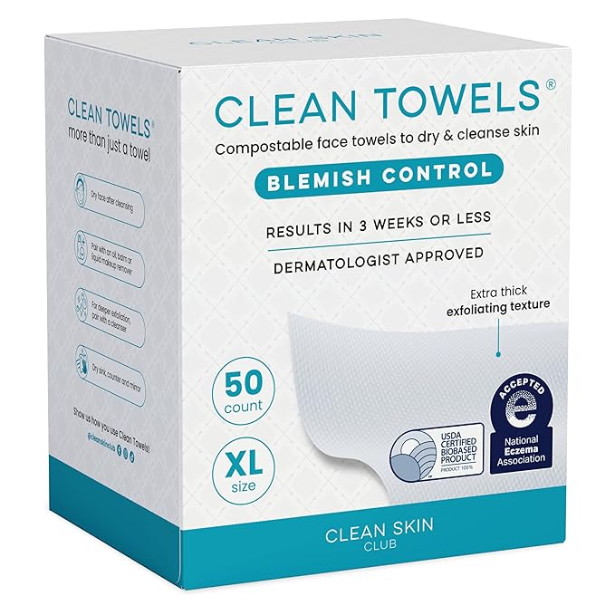 Clean Skin Club Blemish Control Clean Towels® XL, Compostable Face Towels, Light Exfoliation for Oily Skin, Eczema Association Accepted Disposable Face Towelette, Makeup Remover Dry Wipes, 50 count