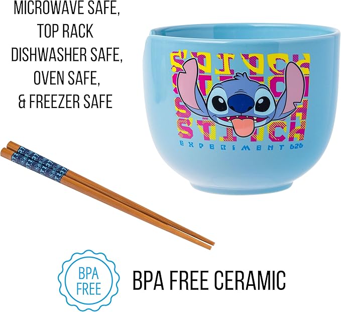 Silver Buffalo Disney Lilo and Stitch Experiment 626 Ceramic Ramen Noodle Rice Bowl with Chopsticks, Microwave Safe, 20 Ounces