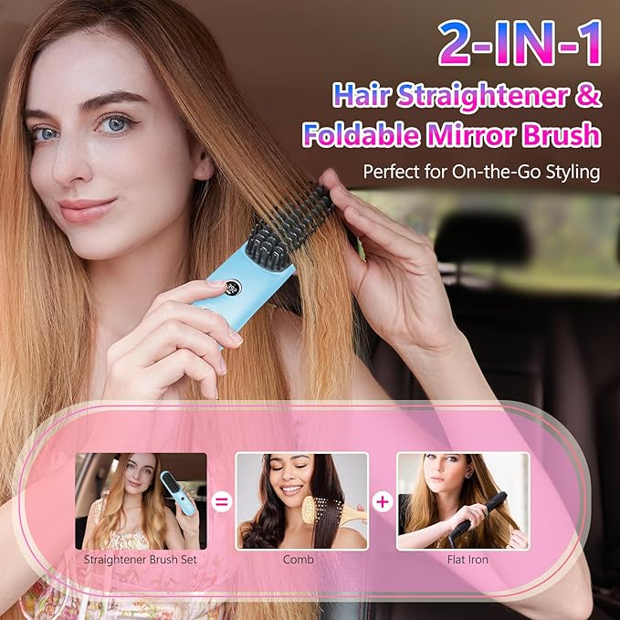LCD Screen Cordless Hair Straightener Curler 2 in 1, Portable Mini Hair Straightening Brush for Travel Negative Ionic Fast Heating Hot Comb for Women, Folding Brush with Mirror, Blue