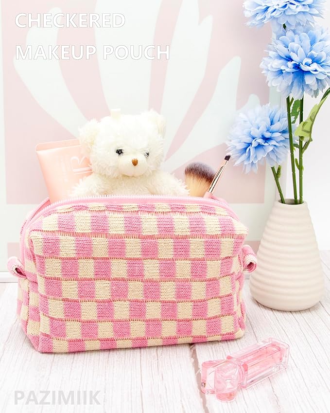 PAZIMIIK 6PCS Checkered Makeup Bag for Purse Portable Zipper Make Up Pouch Small Cosmetic Case for Travel Accessories Pink Beige