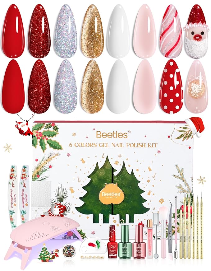 Beetles 27Pcs Christmas Gel Nail Kit Gifts for Women Teen Girls - 6 Colors Red Gold Cat Eye Glitter Merry Glitz Gel Nail Polish Kit with U V Light Jelly Winter Set Soak Off Salon DIY Manicure Set