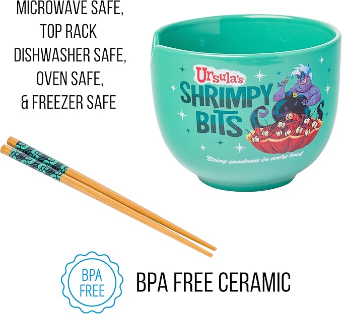 Silver Buffalo Disney Villains Little Mermaid Ursula's Shrimpy Bits Ceramic Ramen Noodle Rice Bowl with Chopsticks, Microwave Safe, 20 Ounces, Little Mermaid Ursula's Shrimpy Bits