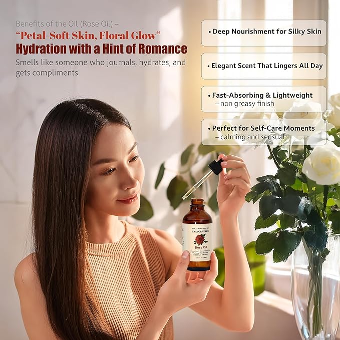 Rose Body Oil, Moisturizing Body Oil for Soft Skin and Dry Skin With Jojoba, Olive, Vitamin E & Rose Oil, 4 oz