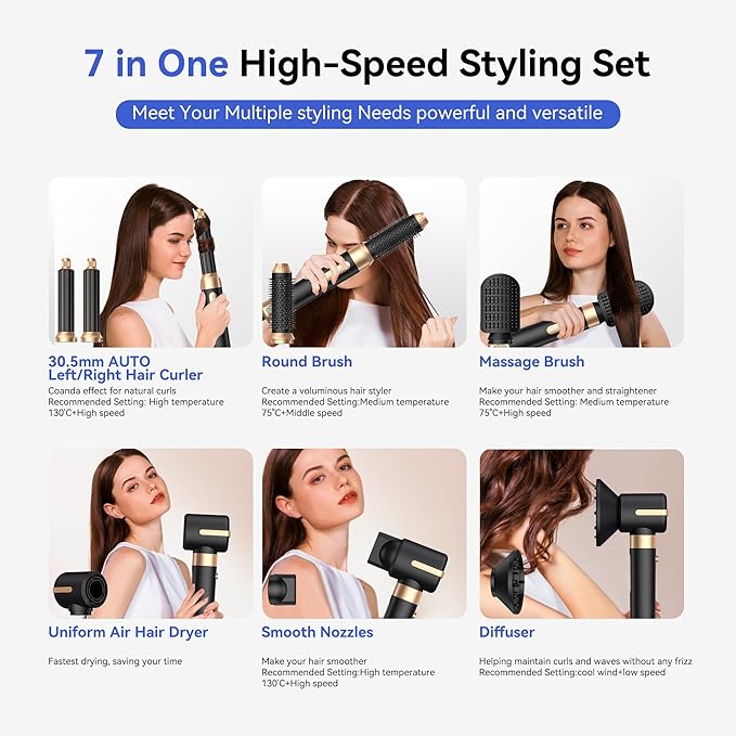 Blow Dryer Brush 7 in One, Negative Ion Hair Set Upgrade Hot Air Styler Wrap Curler, Curling Iron Styling Tools As A Gift for Straight/Curl/Drying/Smoothing