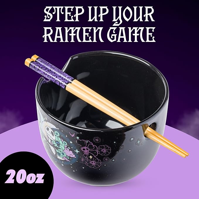Silver Buffalo Disney Nightmare Before Christmas Starry Night Jack Skellington Ceramic Ramen Noodle Rice Bowl with Chopsticks, Microwave Safe, 20 Ounces